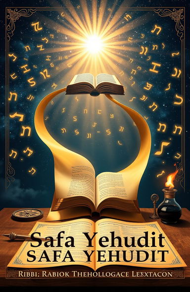 A stunning book cover for 'Safa Yehudit – Jewish Theological Lexicon' by Rabbi Sa'ar Khai Shaked, featuring a golden parchment scroll unrolling into infinity, symbolizing the eternal unfolding of Jewish wisdom