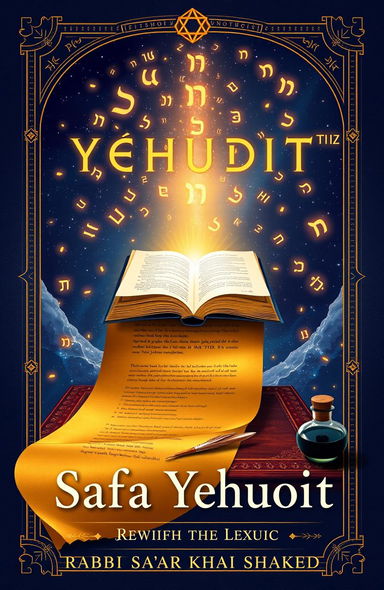 A stunning book cover for 'Safa Yehudit – Jewish Theological Lexicon' by Rabbi Sa'ar Khai Shaked, featuring a golden parchment scroll unrolling into infinity, symbolizing the eternal unfolding of Jewish wisdom