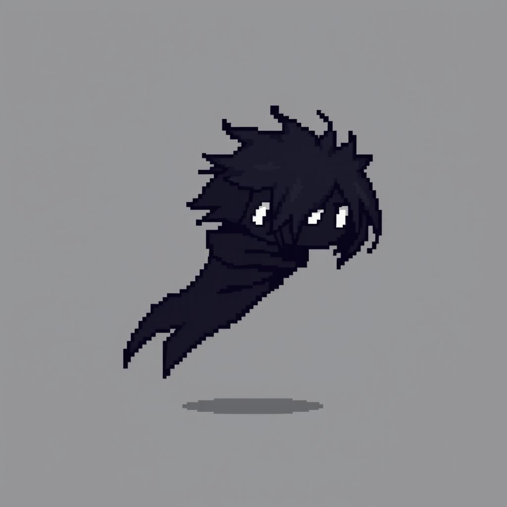 A pixel art-style character designed for a side-scrolling platformer game, featuring a dark, shadowy aesthetic with glowing white eyes that stand out