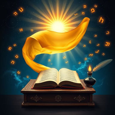 A captivating book cover for 'Safa Yehudit – Jewish Theological Lexicon' by Rabbi Sa'ar Khai Shaked, showcasing a golden parchment scroll unrolling into infinity, symbolizing the eternal unfolding of Jewish wisdom