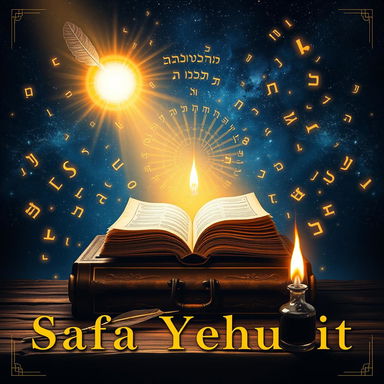 A captivating book cover for 'Safa Yehudit – Jewish Theological Lexicon' by Rabbi Sa'ar Khai Shaked, showcasing a golden parchment scroll unrolling into infinity, symbolizing the eternal unfolding of Jewish wisdom