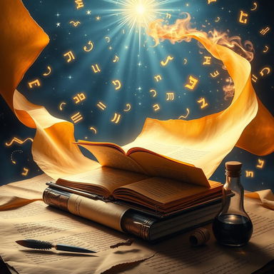 A captivating book cover for 'Safa Yehudit – Jewish Theological Lexicon' by Rabbi Sa'ar Khai Shaked, showcasing a golden parchment scroll unrolling into infinity, symbolizing the eternal unfolding of Jewish wisdom