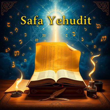 A captivating book cover for 'Safa Yehudit – Jewish Theological Lexicon' by Rabbi Sa'ar Khai Shaked, showcasing a golden parchment scroll unrolling into infinity, symbolizing the eternal unfolding of Jewish wisdom