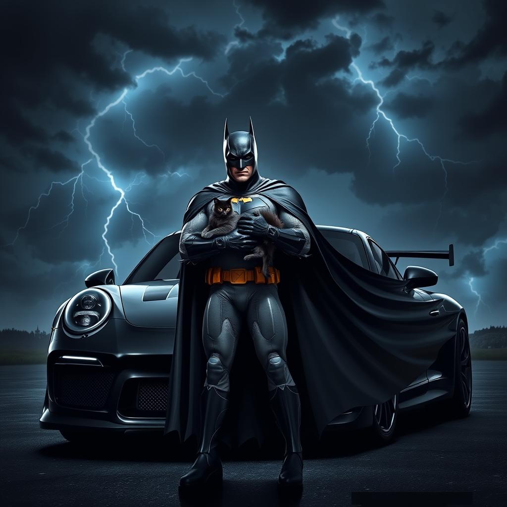 Batman standing confidently in front of a sleek black Porsche, cradling a fluffy black cat in one arm