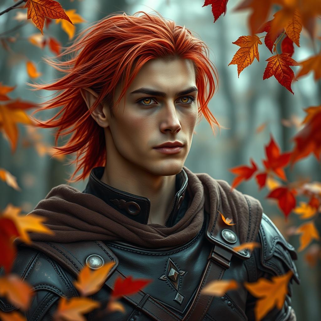 An alluring male autumn elf in his late 30s, exhibiting elegantly pointed ears and a clean-shaven face that highlights his high cheekbones
