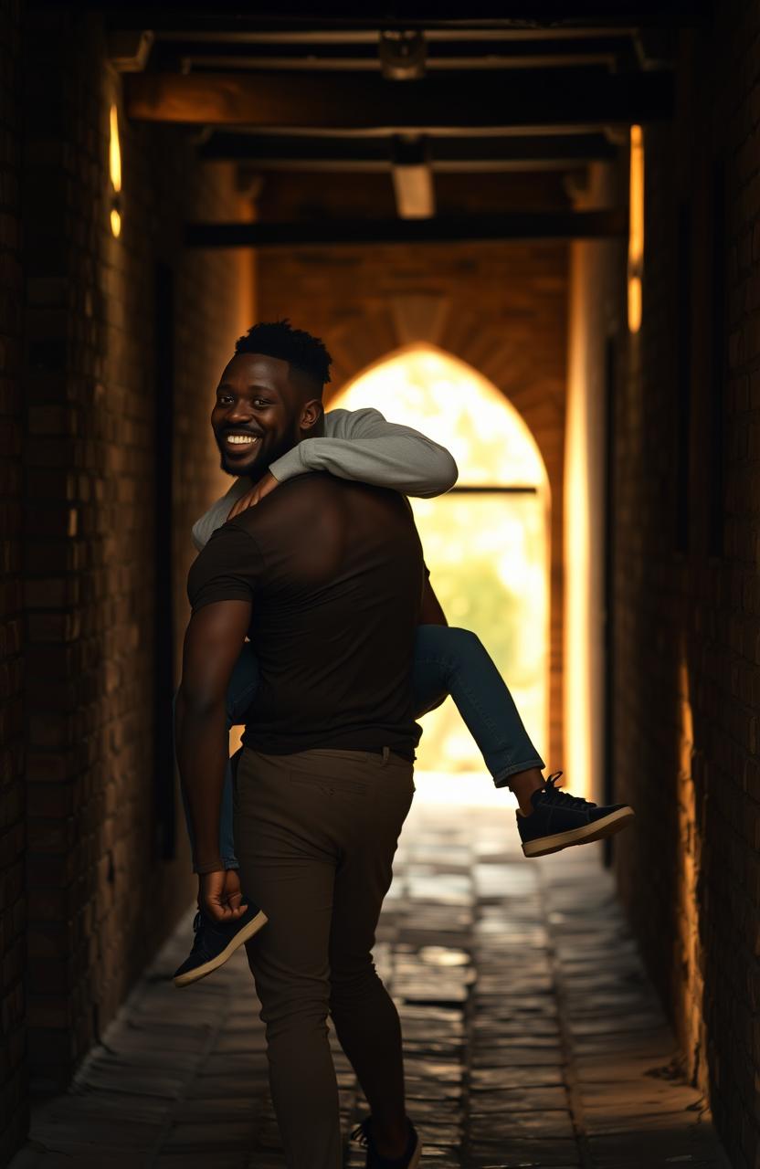 A strong black man carrying another black man on his back as they walk down a dimly lit passage