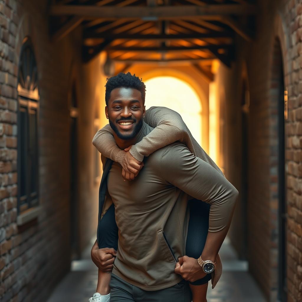 A romantic scene featuring a strong black man carrying another black man on his back as they walk down a charming, softly lit passage