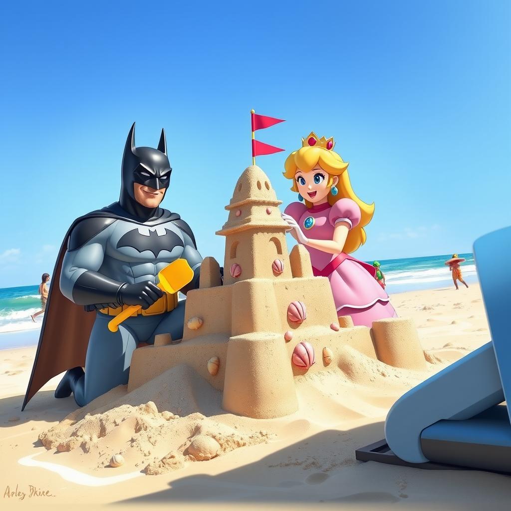 Batman and Princess Peach playfully building intricate sand castles on a sunny beach