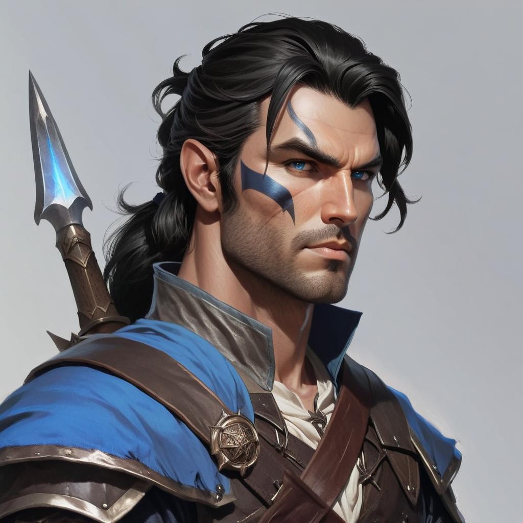 man in his late 30s, wearing leather armor. He has pointed ears, blue eyes, long wavy black hair in a ponytail, and bronze colored skin. He has faint stubble and has high cheekbones