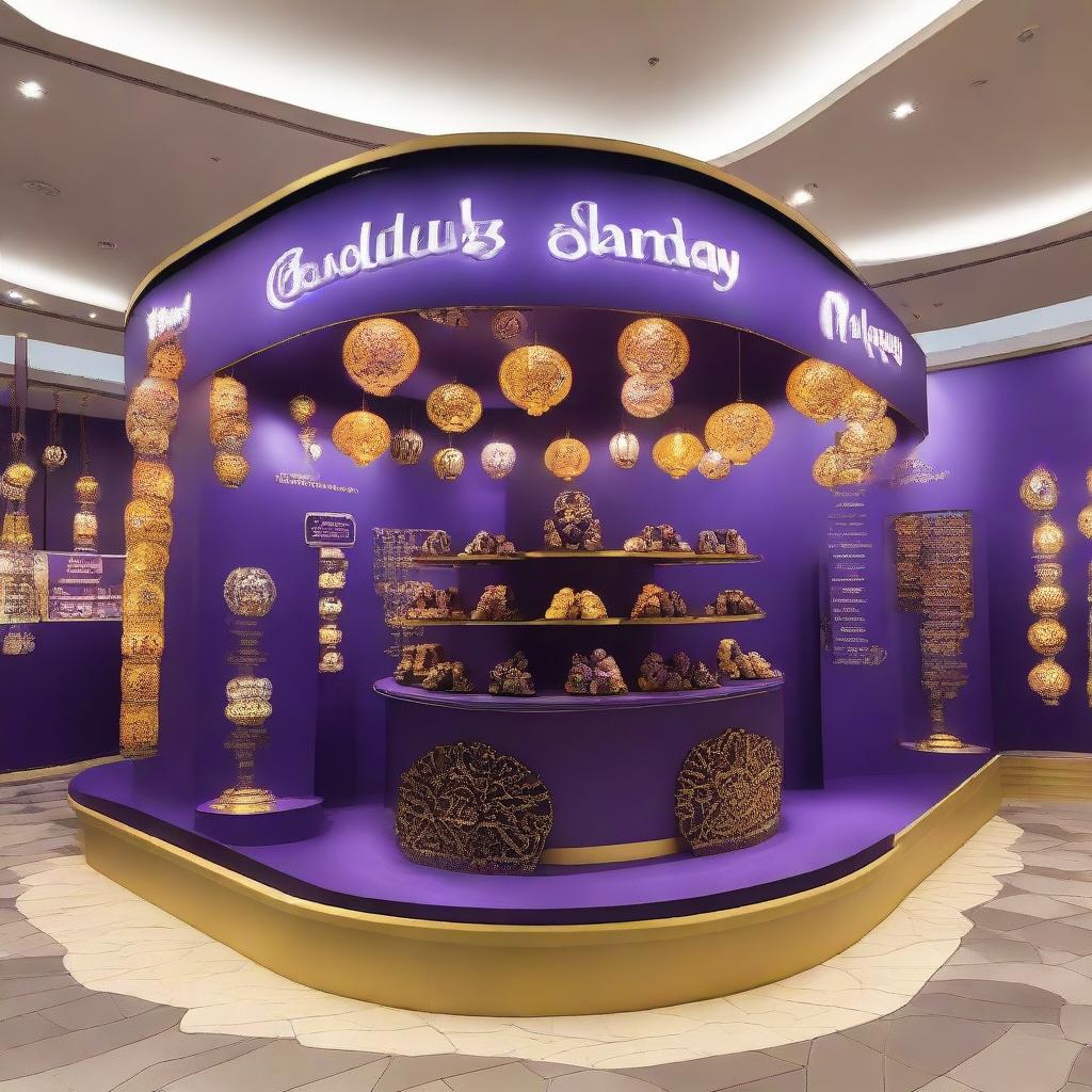 A smart and imaginative Cadbury chocolate stand inspired by the ambiance of Ramadan. The stand, adorned with Ramadan lanterns and enhanced by Islamic shapes, glass, and soft lighting, invites onlookers for an enchanting exploration of chocolates.