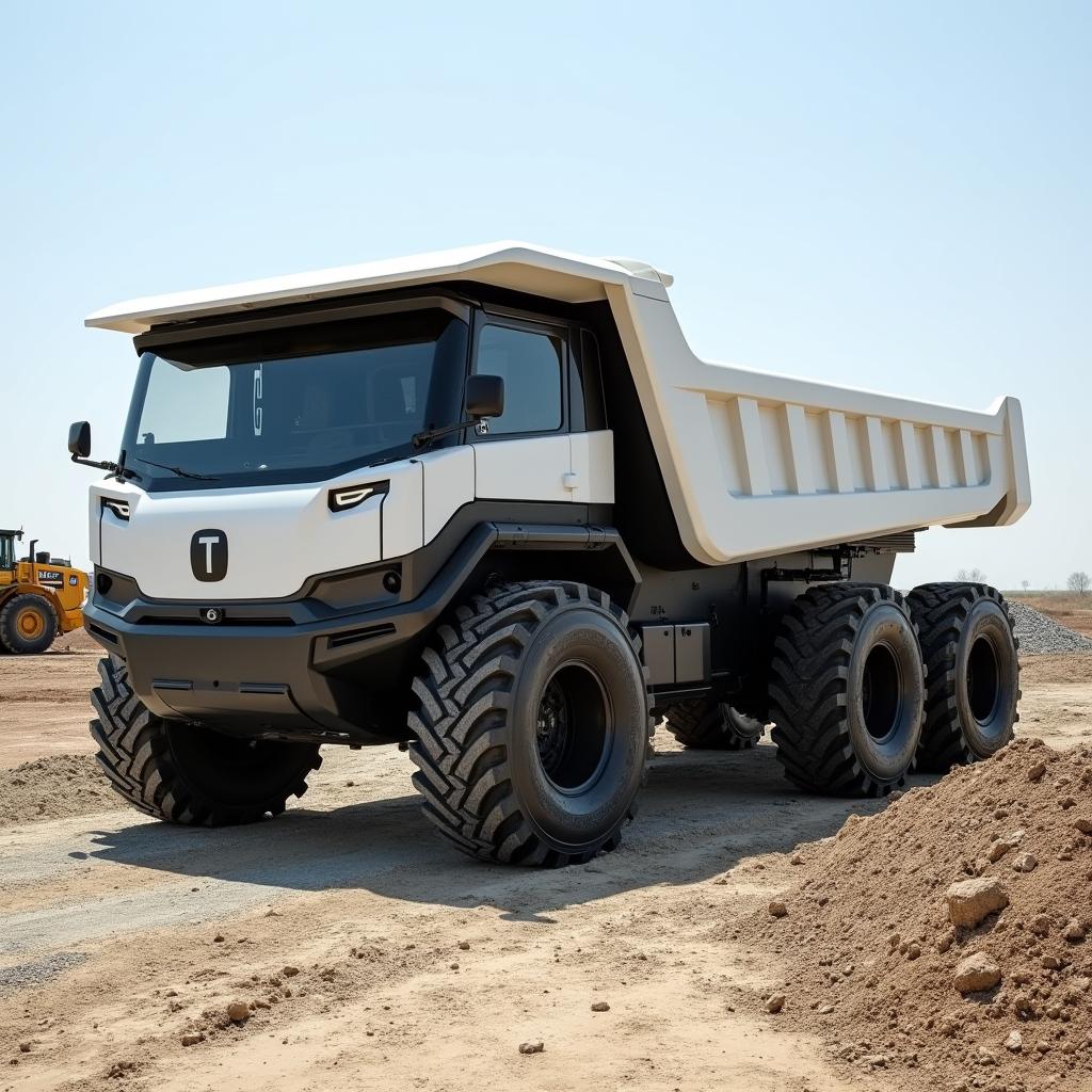 A powerful electric dump truck with six large wheels, prominently featuring a sleek white cabin