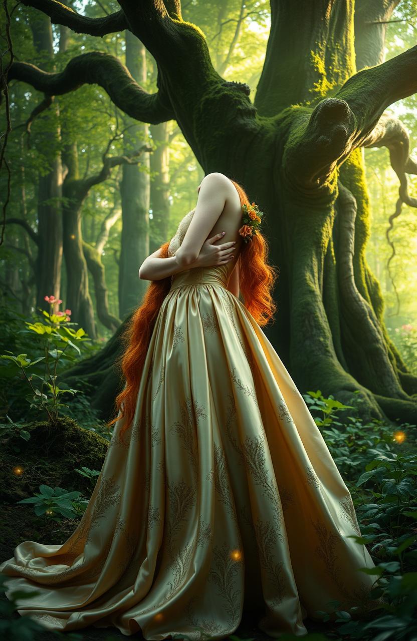 A mysterious ginger princess standing gracefully in an enchanting forest, surrounded by lush greenery and ethereal light filtering through the trees