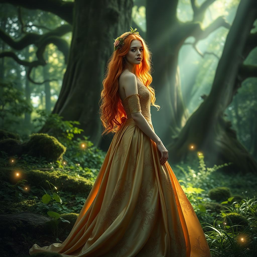 A mysterious ginger princess standing gracefully in an enchanting forest, surrounded by lush greenery and ethereal light filtering through the trees