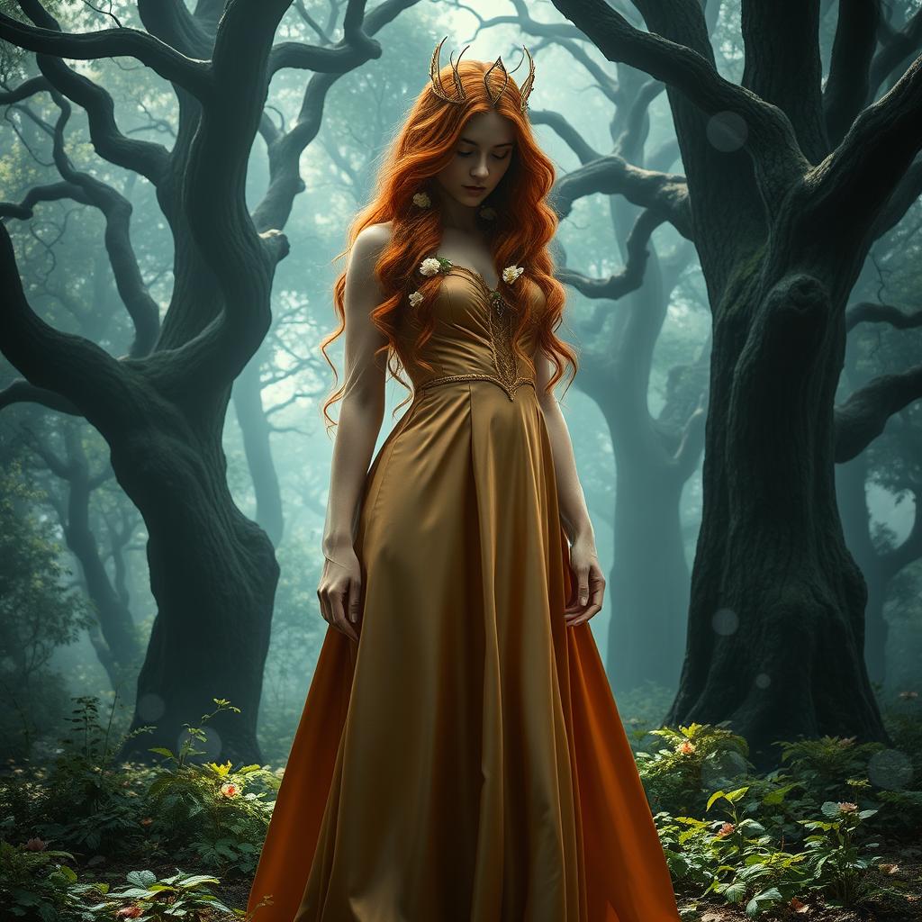 A mysterious ginger princess standing in an enchanting forest, her face obscured by shadows, creating an aura of intrigue and allure