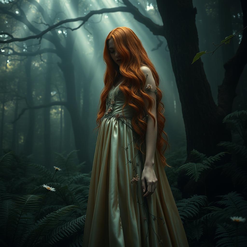 A mysterious ginger princess standing in a shadowy forest, her face completely obscured, creating an air of intrigue and enigma