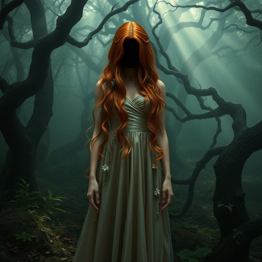 A mysterious ginger princess standing in an enchanting and shadowy forest, her face completely obscured, creating an air of intrigue and curiosity