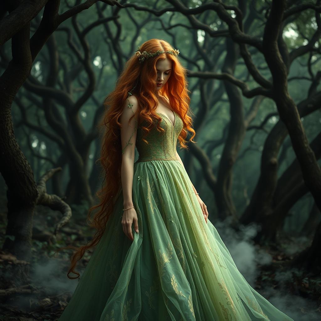 A mysterious ginger princess in a shadowy forest, her face entirely hidden from view, adding an element of allure and intrigue