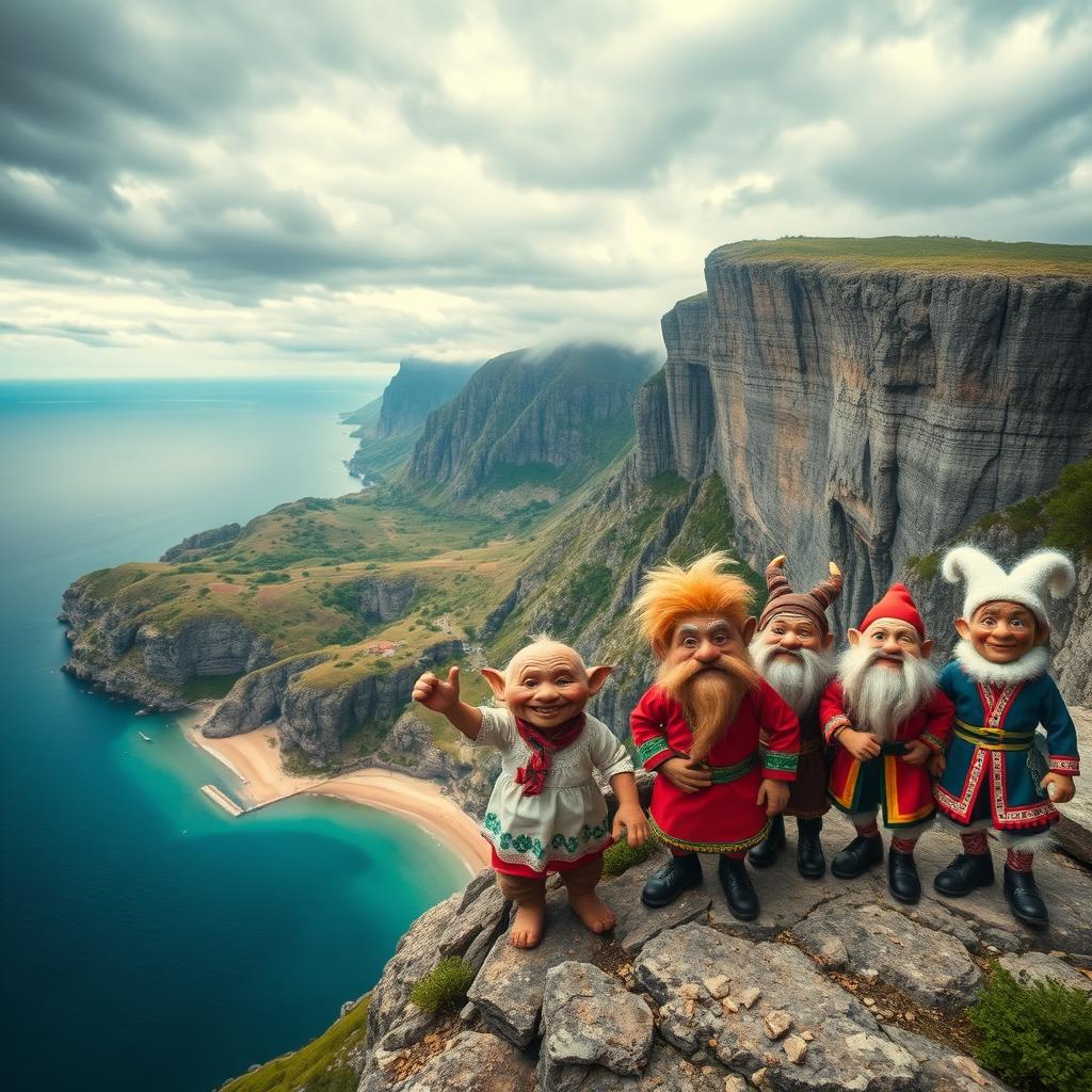 A stunning visual representation of Bulgaria and Norway as a single imaginary country, seamlessly blending the Black Sea's serene coastal landscape with the majestic cliffs of Prekestolen