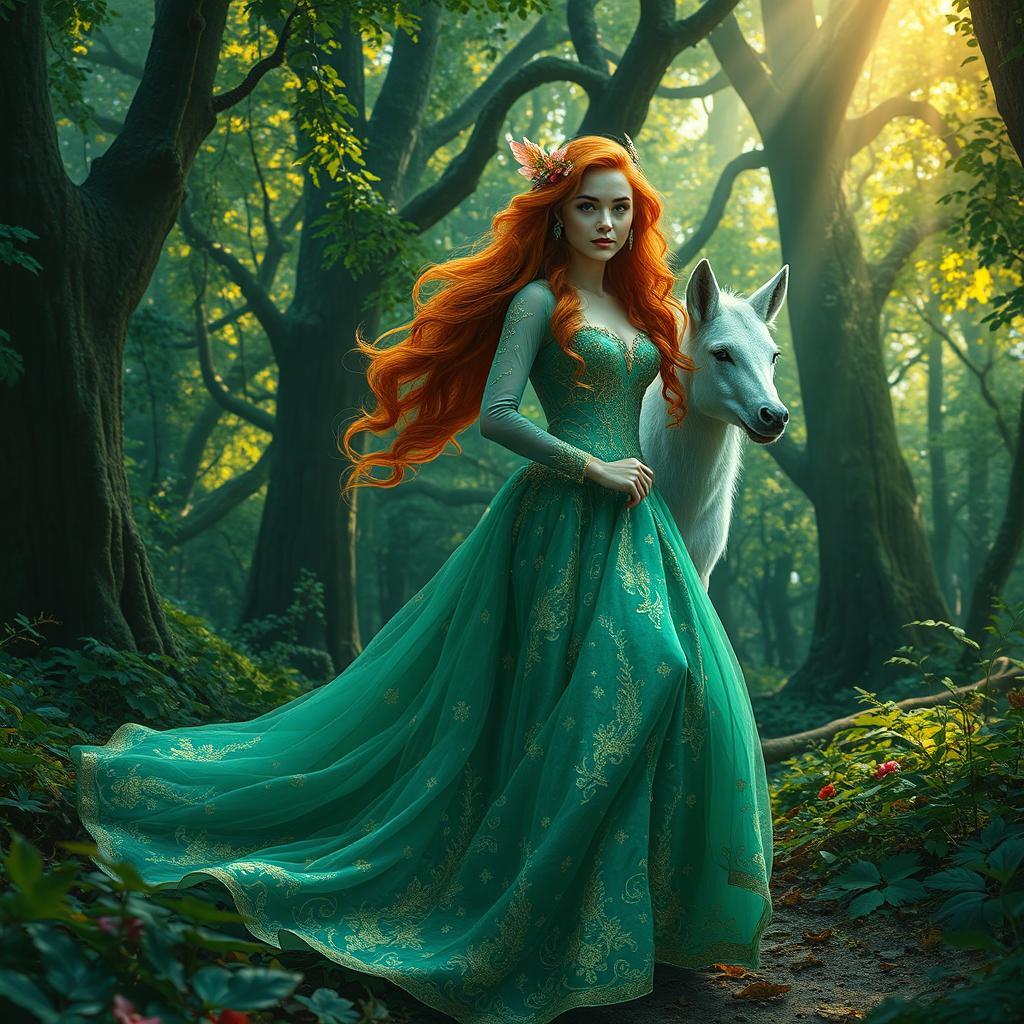 A mysterious ginger princess embarking on an adventure in a lush, enchanted forest
