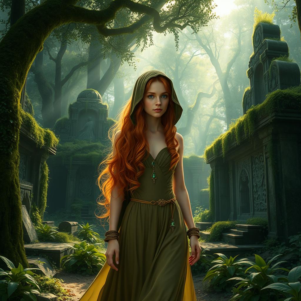 A mysterious ginger princess embarking on an adventure through a dense forest, leading up to the site of ancient, lost ruins