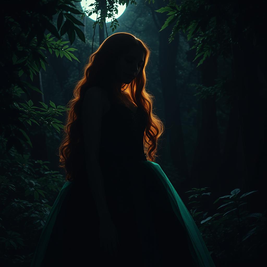 A mysterious ginger princess hidden in the shadows of a dimly lit forest