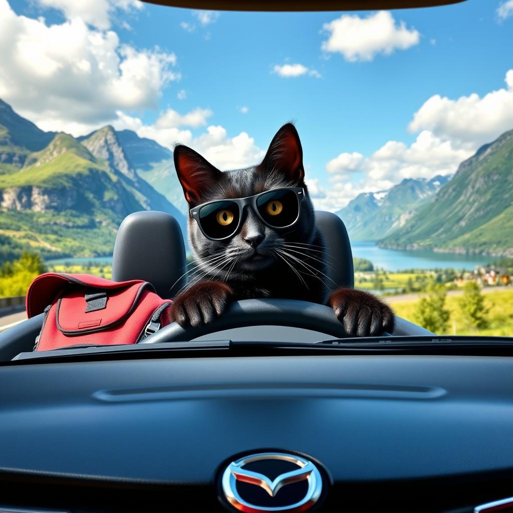 A whimsical and entertaining scene featuring a sleek black cat confidently driving a Mazda 2 through the scenic landscapes of Norway