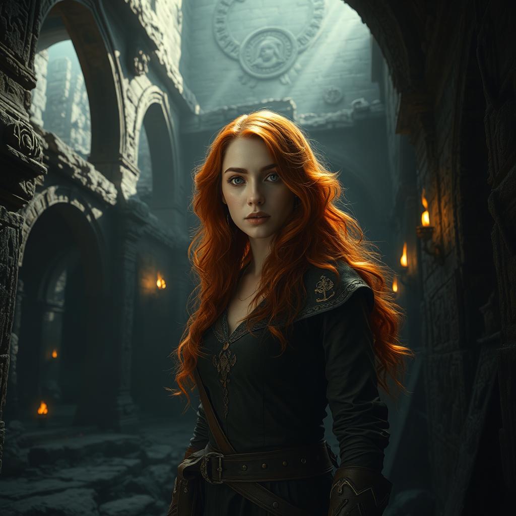 A mysterious ginger princess hidden in the shadows beneath the lost ruins of an ancient civilization
