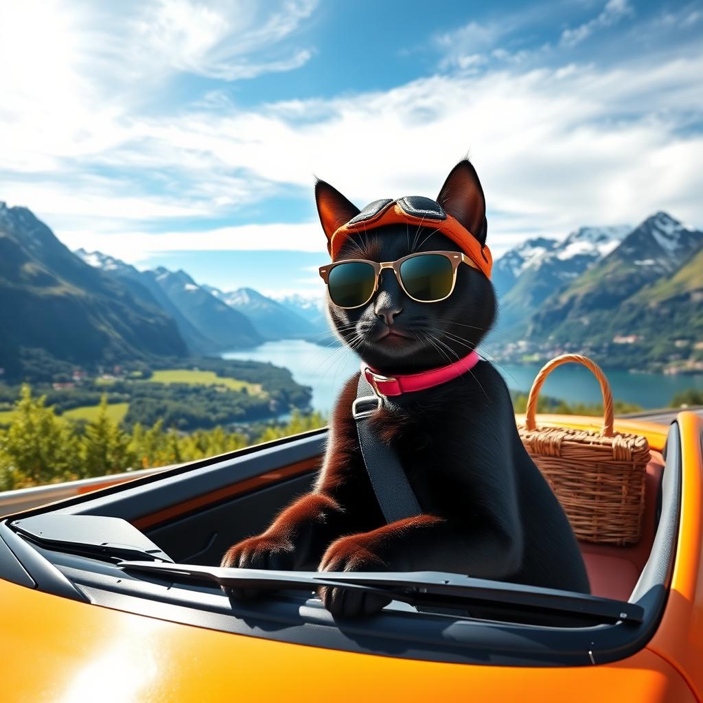 A charming scene featuring a sleek black cat confidently driving an old Toyota Aygo through the picturesque landscapes of Norway