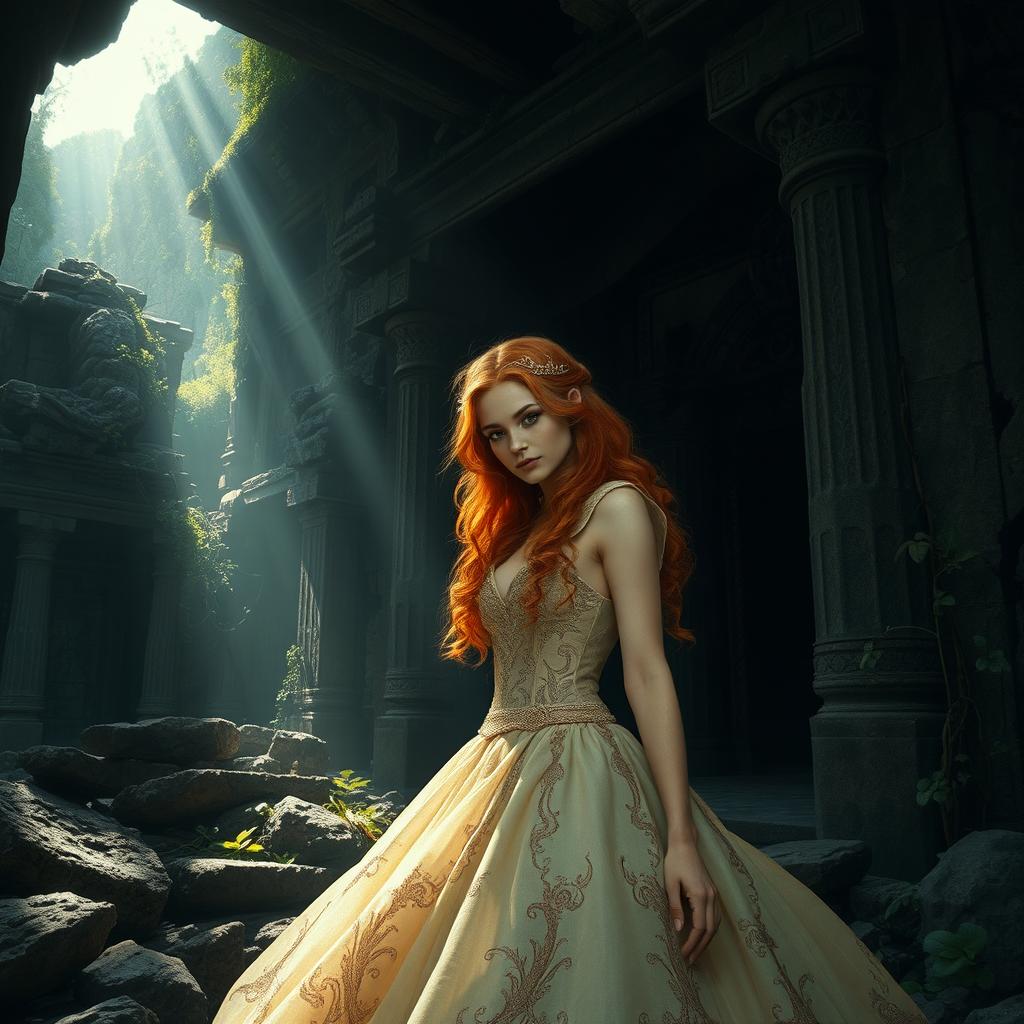 A mysterious ginger princess hidden in the shadows beneath the lost ruins of an ancient civilization