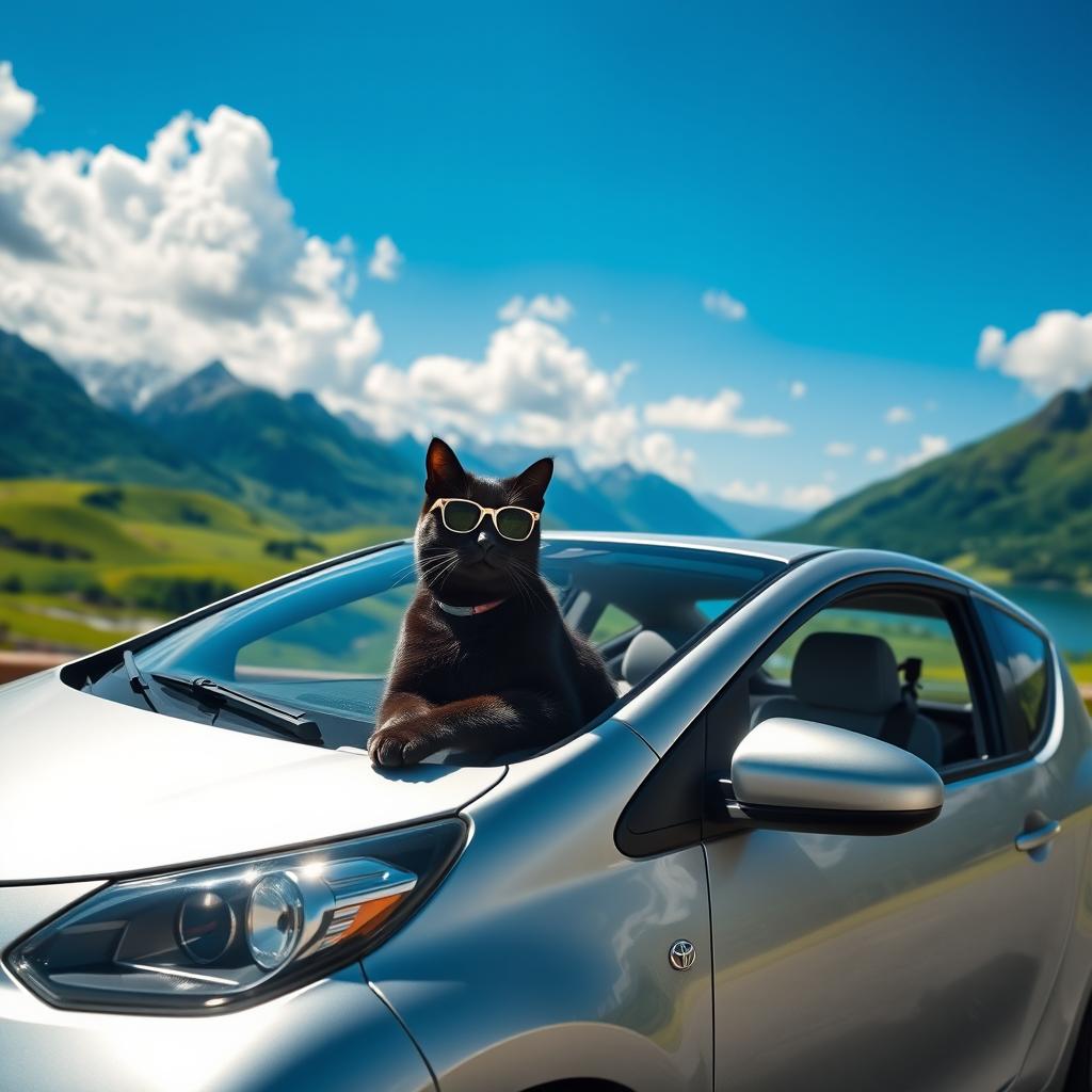 A delightful scene featuring a sleek black cat confidently driving a silver Toyota Aygo through the stunning landscapes of Norway