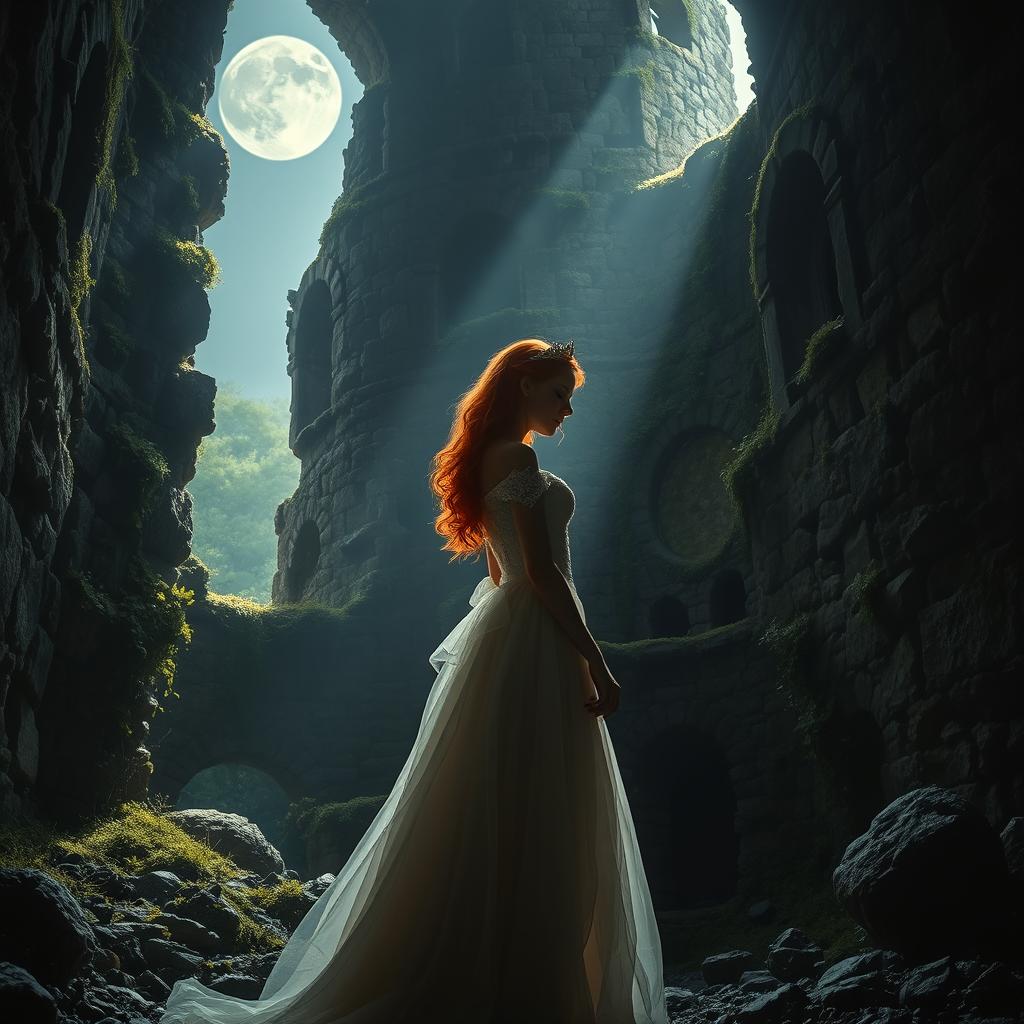 A mysterious ginger princess hidden in the shadows beneath the lost ruins of an ancient castle