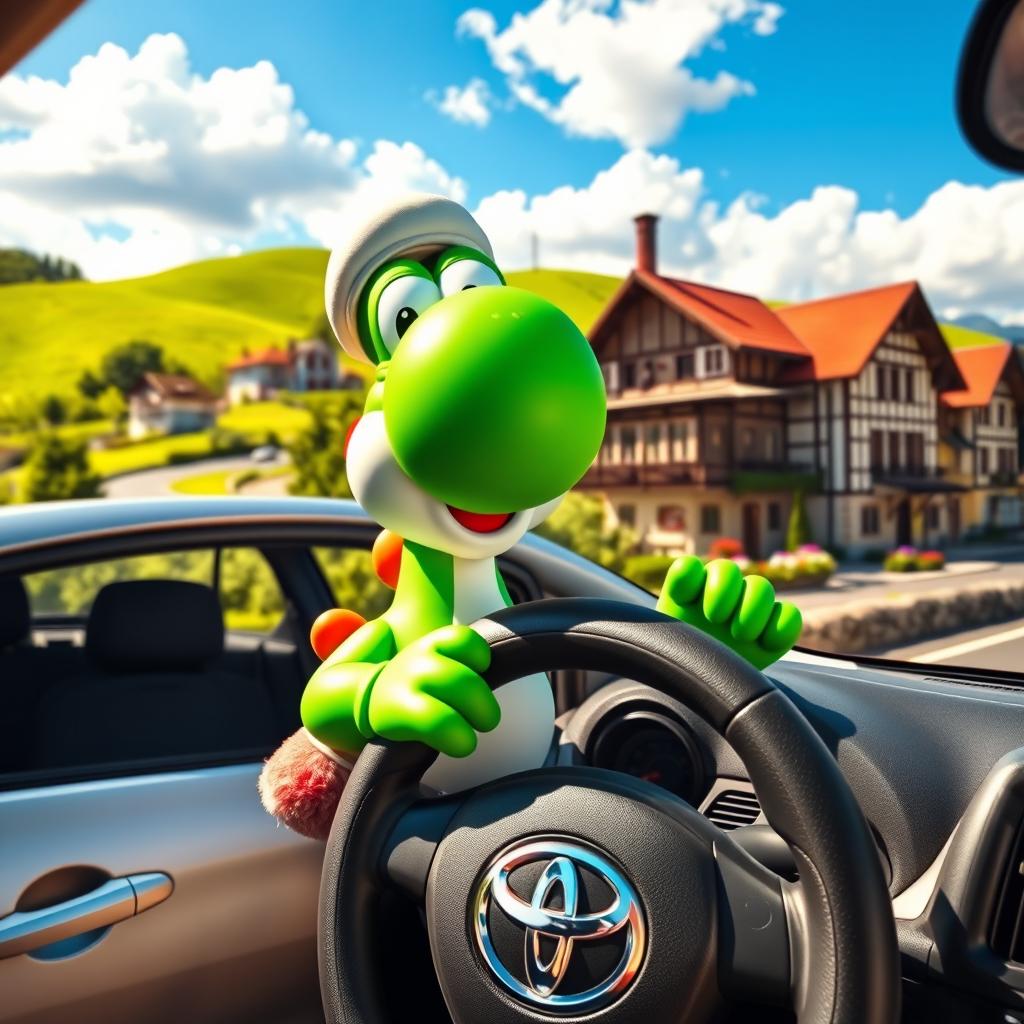 A vibrant and fun scene featuring Yoshi from the Nintendo franchise cheerfully driving a silver Toyota Aygo through the picturesque landscapes of Bulgaria