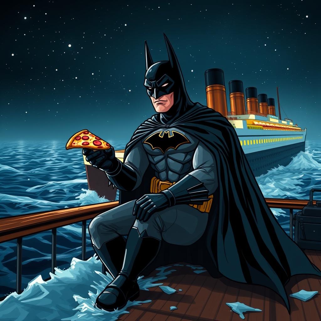 An imaginative and humorous scene depicting Batman, dressed in his iconic dark suit with a flowing cape, sitting on the deck of the sinking Titanic, casually eating a slice of pizza