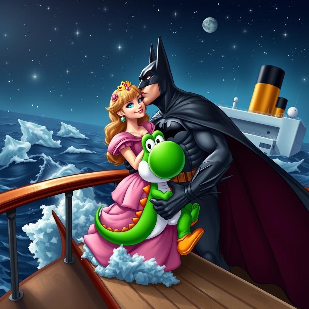 A whimsical and imaginative scene featuring Batman, dressed in his iconic dark suit with a flowing cape, on the deck of the sinking Titanic
