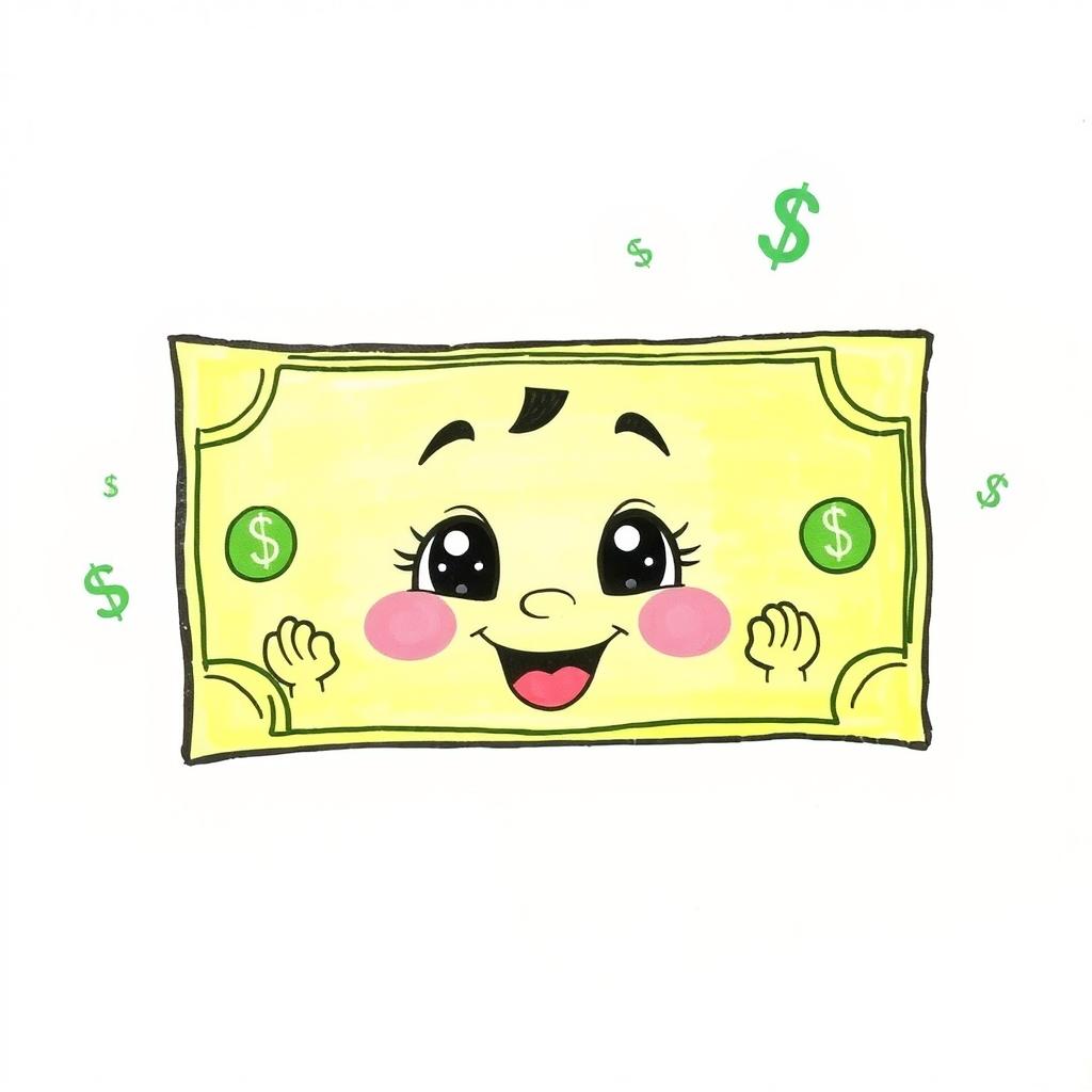 A whimsical drawing of a cartoon-style dollar bill, featuring a cheerful baby face instead of the usual portrait