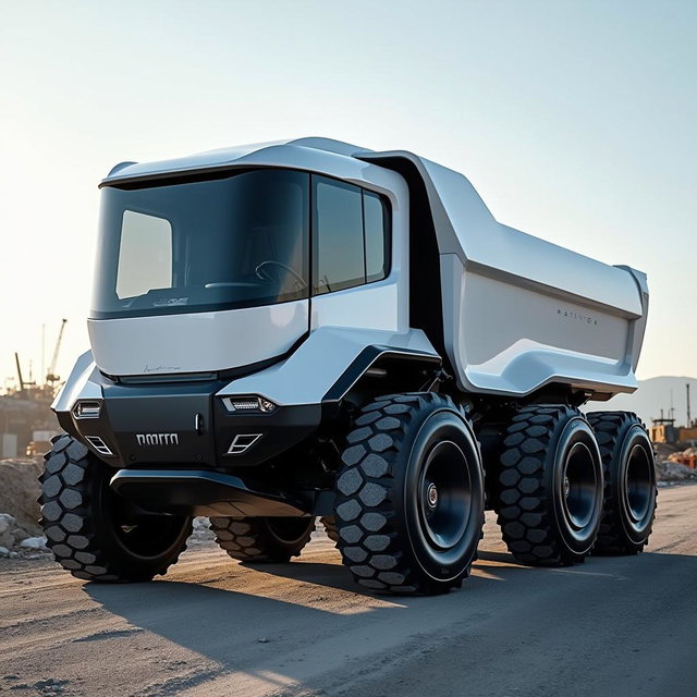 A futuristic electric dump truck featuring a sleek and modern design with six sturdy wheels
