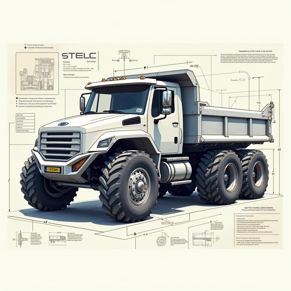 A detailed engineering drawing of an electric dump truck featuring a steel frame with six wheels and a white cabin