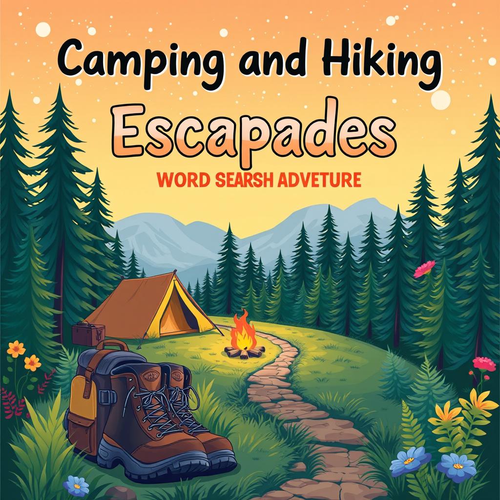 A charming outdoor-themed word search book cover focused on camping and hiking, featuring a scenic illustration of a campsite under a starlit sky with a glowing campfire, a tent pitched nearby, and towering pine trees