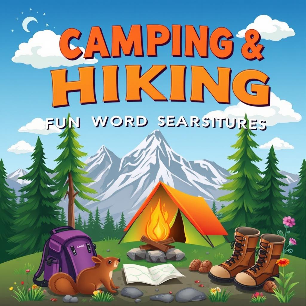 An engaging camping and hiking themed word search book cover, featuring a picturesque scene of a campsite nestled among tall evergreen trees with a colorful tent setup and a blazing campfire