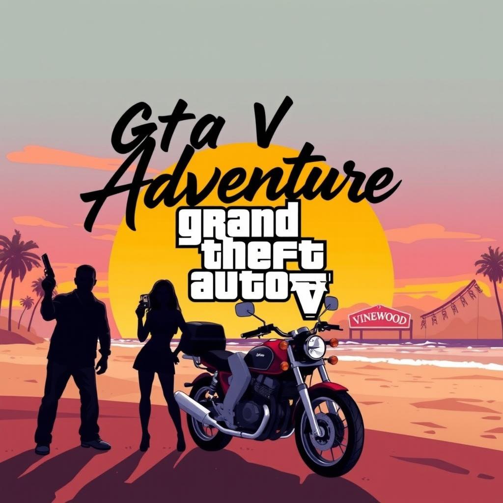 A dynamic and engaging thumbnail for a Grand Theft Auto V video, featuring a stylized illustration of the iconic sandy beaches of Los Santos in the background, with a vivid sunset sky painted in orange and purple hues