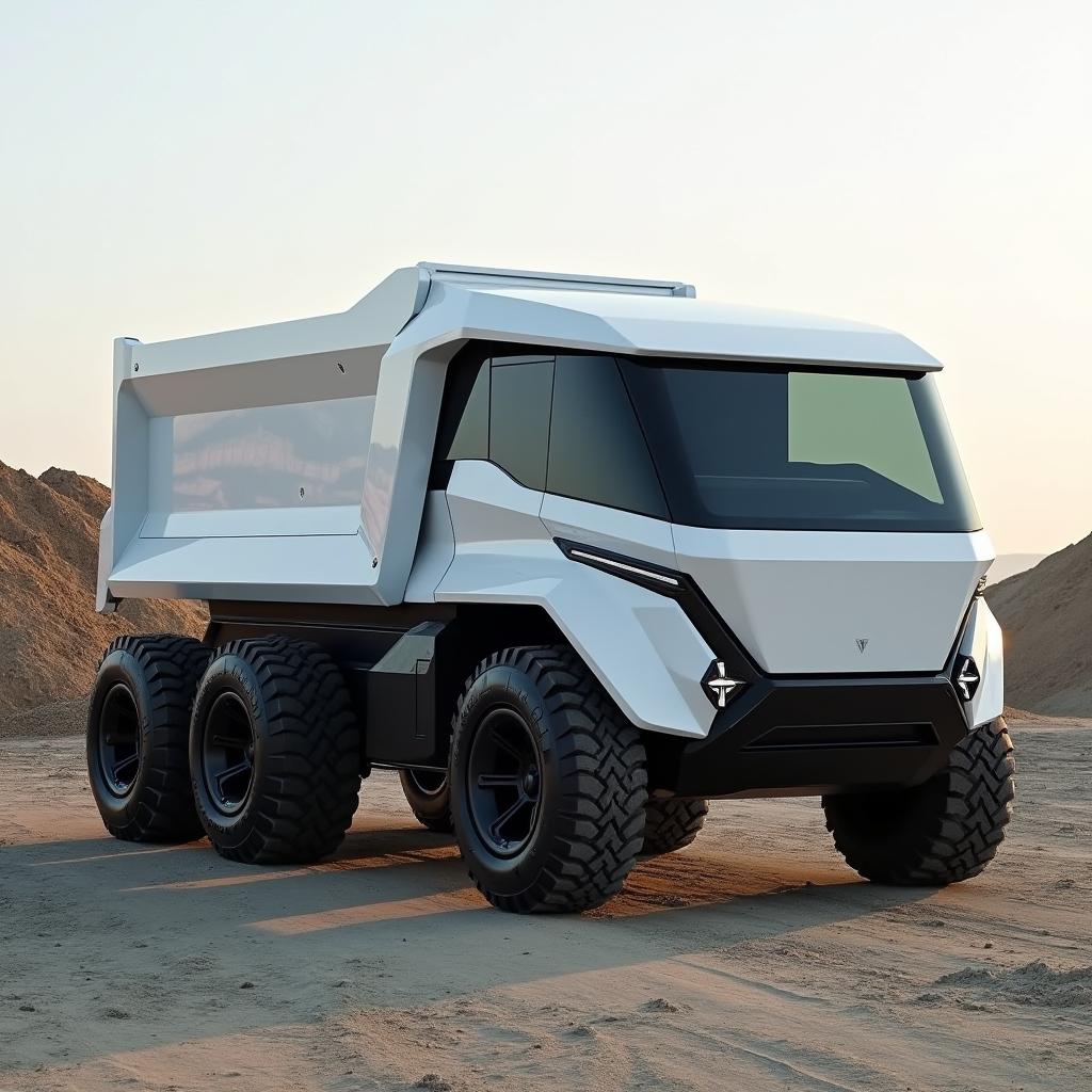 A sleek electric dump truck featuring a futuristic six-wheel design, prominently showcasing a white cabin inspired by the angular and modern styling of the Tesla Cybertruck