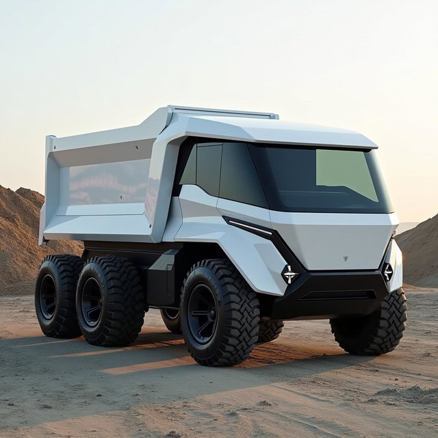 A sleek electric dump truck featuring a futuristic six-wheel design, prominently showcasing a white cabin inspired by the angular and modern styling of the Tesla Cybertruck