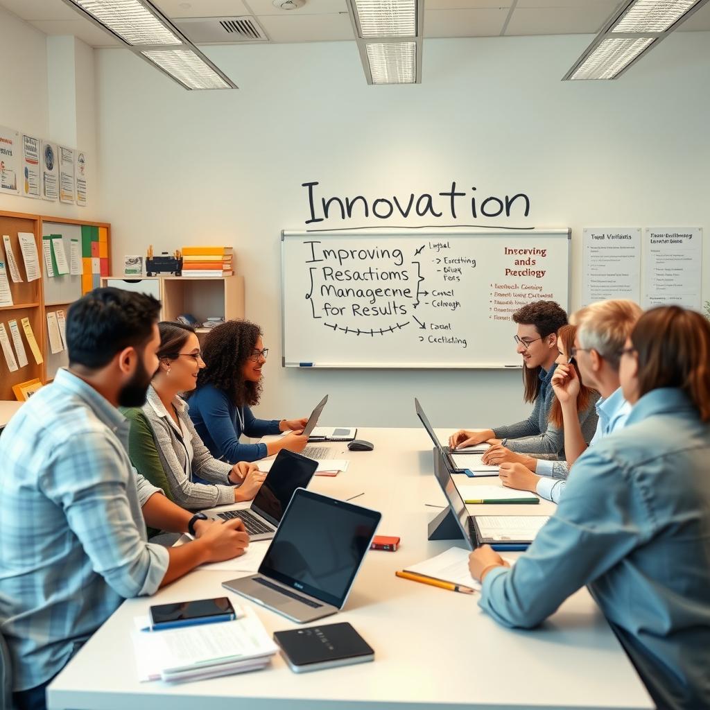 An educational meeting scene where teachers and administrators are engaged in a dynamic workshop focused on innovative pedagogical strategies