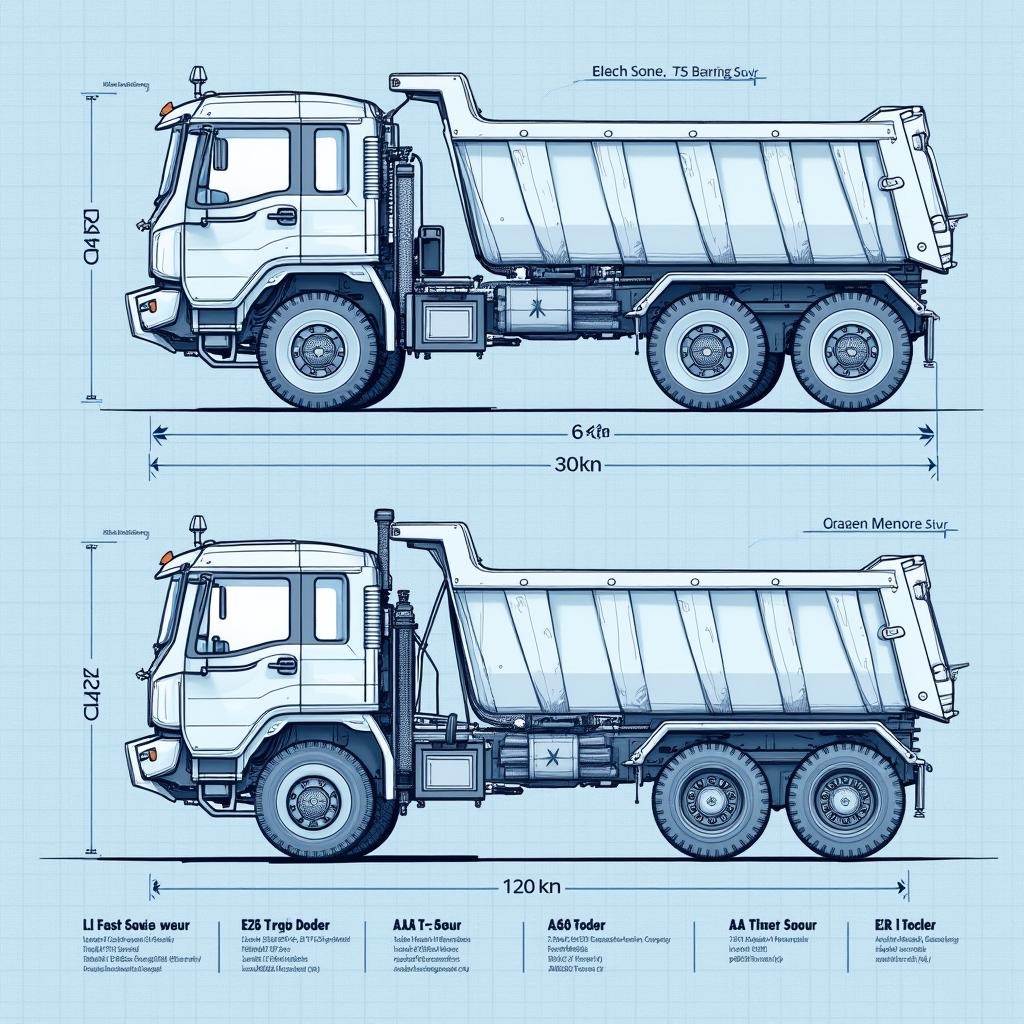 An intricate blueprint design of a robust electric dump truck with six heavy-duty wheels, illustrated in an AutoCAD style