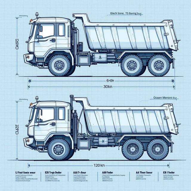 An intricate blueprint design of a robust electric dump truck with six heavy-duty wheels, illustrated in an AutoCAD style