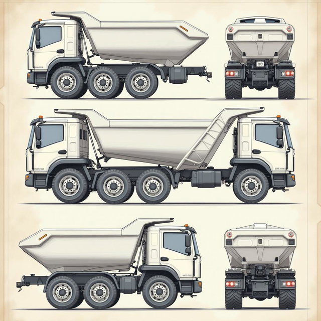 A highly detailed AutoCAD style illustration of a robust electric dump truck featuring six durable wheels