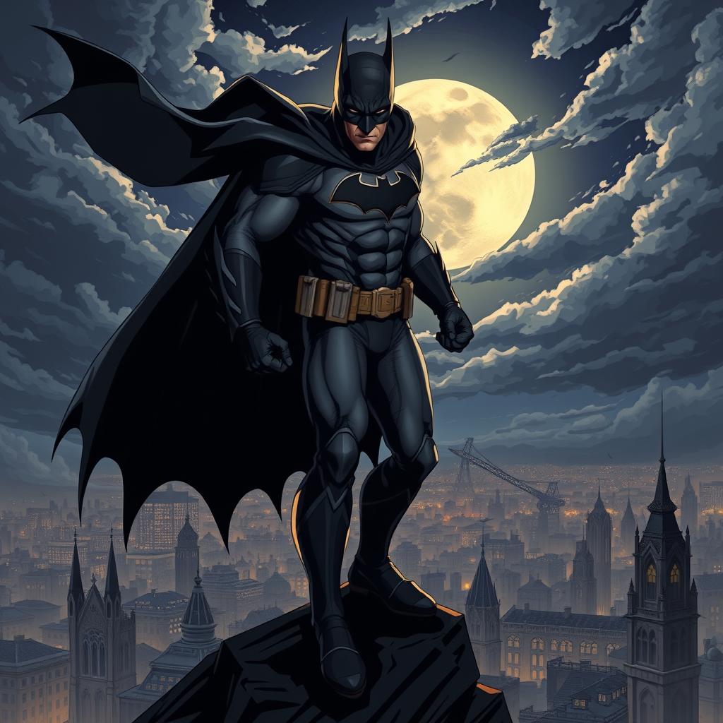 A dynamic superhero illustration featuring a character inspired by Batman, wearing a dark, iconic batsuit with a flowing cape