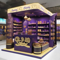 A 240x160x150 cm Cadbury stand fusing smart design with Ramadan allure. It features Islamic-inspired shapes, glass panels, and soft lighting embracing shelves adorned with Ramadan lanterns, signifying a tantalizing blend of innovation and chocolate indulgence.