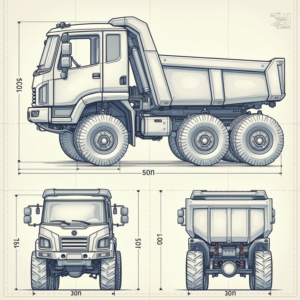 An engineering illustration of a robust electric dump truck equipped with six sturdy wheels, rendered in a precise AutoCAD style