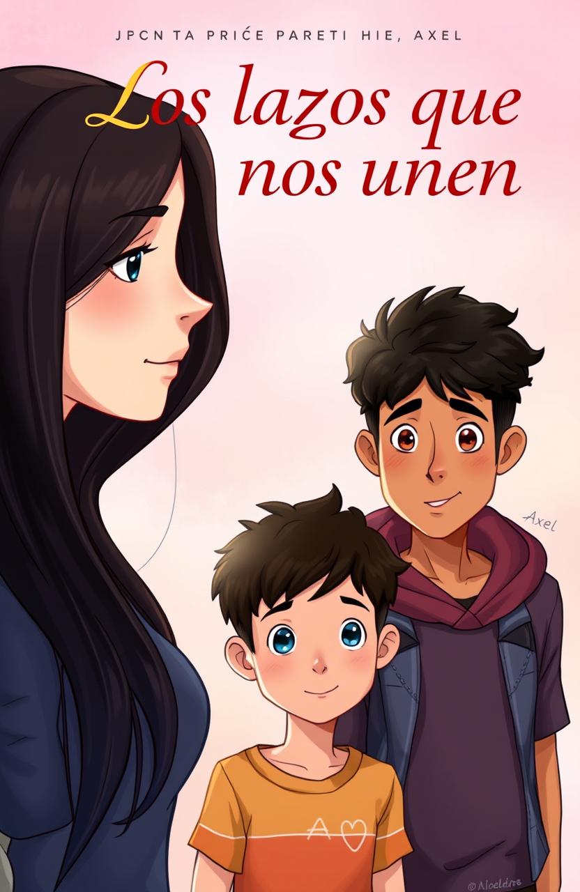 A book cover illustration featuring a trio of characters: Celeste has long, straight, dark hair, with fair skin, and a gentle, inviting expression